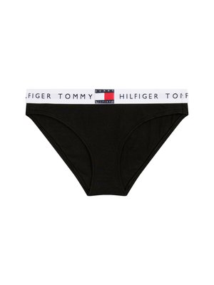 Black cotton briefs with a white elastic waistband featuring the "Tommy Hilfiger" logo and a color block design in blue, red, and white.