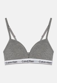 Szürke pamut bralette háromszög alakú pofákkal, vékony pántokkal és egy fehér csíkkal, amelyen fekete betűkkel a "Calvin Klein" felirat található.