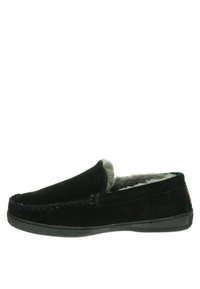 Mocassin sans lacets en suède noir, avec une doublure en fourrure grise, doté d'une semelle en caoutchouc texturée et de coutures décoratives le long du bord supérieur.