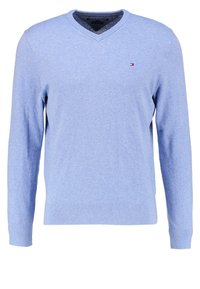 Pull à col en V bleu clair, fabriqué en tissu doux. Comprend des poignets et un ourlet côtelés, avec un petit logo sur la poitrine gauche.