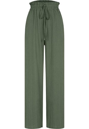 Vieglie, teksturēti, brīvi pielāgojami zaļie bikses ar augstu elastīgu jostu un regulējamu auklu. Vertikāls ribu raksts visā virsmā.