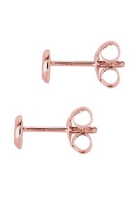 Rosaguld stud øreringe med en glat cirkulær bagside og et dobbelt loop-design. Metalfinishen er skinnende og reflekterende.