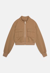 Sweatshirt beige raccourci avec un col montant, une fermeture éclair sur le devant et deux grandes poches sur la poitrine. Fabriqué en tissu doux avec des poignets et un hem côtelés.