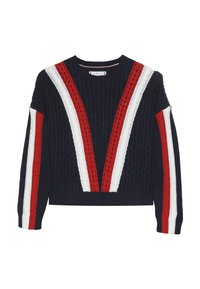 Granatowy sweter w splot cięty z czerwonym i białym wzorem w literkę V na przodzie oraz pasującymi paskami na rękawach.