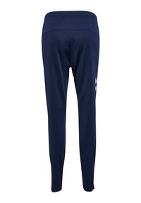 Marineblauwe sportbroeken van gladde, rekbare stof. Voorzien van een brede elastische tailleband en een witte logodetail op het linkerbeen.