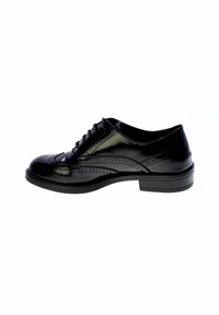 Scarpa oxford in pelle nera con finitura lucida, caratterizzata da dettagli brogue, chiusura con lacci e tacco basso impilato.
