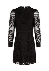 Robe noire avec un voile en dentelle à motifs floraux, manches longues transparentes et poignets unis. Taille ajustée et décolleté rond.