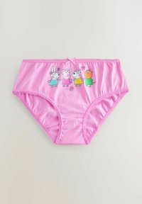 Mutande di cotone rosa con una texture liscia, caratterizzate da un motivo stampato di quattro personaggi dei cartoni animati. Bordo in pizzo decorativo in vita.