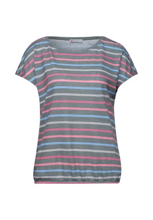 Kortærmet grå top med vandrette pink, blå og hvide striber, rund halsudskæring og elastisk kant, mærket Street One.