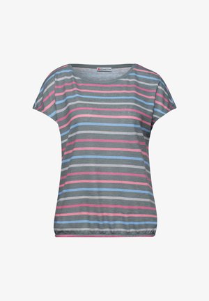 Szara bluzka z krótkim rękawem z poziomymi różowymi, niebieskimi i białymi paskami, okrągłym dekoltem i elastycznym dołem, oznaczona Street One.