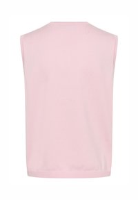 Bez piedurknēm viegla rozā adīta blūze ar apaļu kakla izgriezumu un ribotu apakšmalu. Gluda tekstūra, vienkāršs dizains, bez rakstiem vai papildu detaļām.