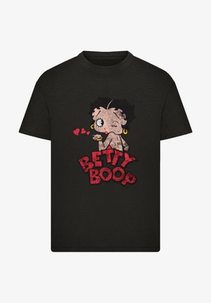 Black t-shirt featuring a vintage cartoon character, Betty Boop, with red hearts and bold red lettering. Cotton material, short sleeves.