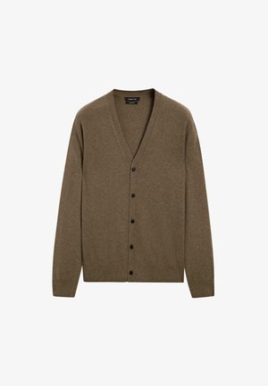 Cardigan marrone con scollatura a V e sei bottoni neri, esposto su uno sfondo bianco semplice.