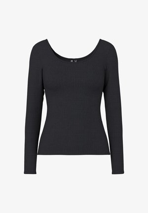 Musta kapea pitkähihainen paita, jossa on avara kaula-aukko. Materiaali on pehmeä ja joustava, ja siinä on pystysuuntainen ribbitekstuuri kauttaaltaan.
