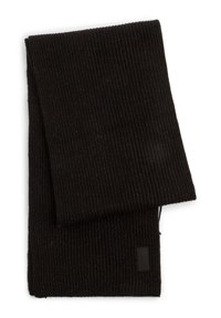 Black ribbed knit scarf with a textured surface. Includes a small black tag with a logo. Classic rectangular shape. Suitable for cold weather.