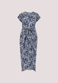 Navy- und weißes gemustertes Kleid mit kurzen Ärmeln, einem Bindegürtel in der Taille und einem knielangen Saum. Der Stoff hat ein fließendes, wellenförmiges Design.