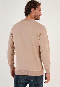 Felpa in cotone beige con maniche lunghe, polsini e orlo a costine. Design aderente, tessuto testurizzato, vista posteriore mostrata su uno sfondo semplice.