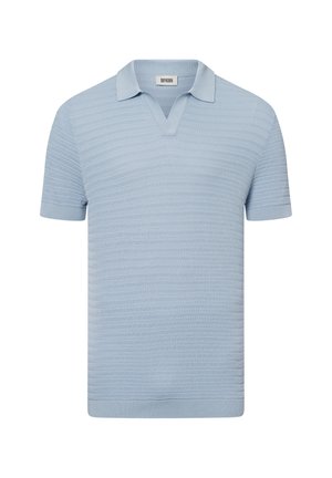 Light blue short-sleeve polo shirt with a textured pattern, V-neck, and a ribbed collar. Soft, knitted fabric with a fitted silhouette.