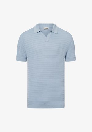 Helles blaues Polohemd mit kurzen Ärmeln, strukturiertem Muster, V-Ausschnitt und geripptem Kragen. Weicher, gestrickter Stoff mit figurbetonter Silhouette.