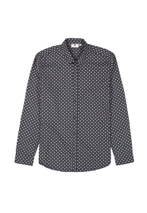 Langarmshirt in marineblauw met een geometrisch patroon in wit en lichtblauw. Heeft een kraag en een knoopsluiting aan de voorkant. Glad stoftextuur.