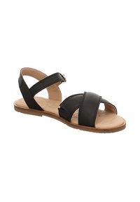 Schwarze Leder-Sandale mit geschlossenem Zehenbereich, Kreuzriemen, Schnallenverschluss und brauner Gummisohle für Halt und Flexibilität.