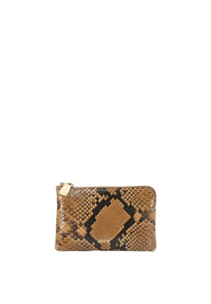 Brown and black snakeskin-patterned zippered clutch with gold zipper pull and small gold logo on front.