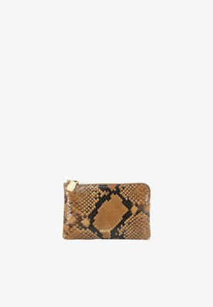 Brown and black snakeskin-patterned zippered clutch with gold zipper pull and small gold logo on front.