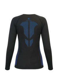 Langärmliges Sportshirt in Schwarz mit blauen Akzenten. Mit einem strukturierten Rückendesign mit kreisförmigen Mustern und einer figurbetonten Silhouette.
