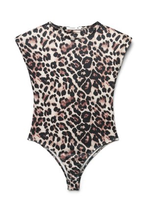 Body a maniche corte con stampa leopardata. Tessuto morbido, nero e beige, con macchie marroni. Design con gambe ad alto taglio e chiusura a scatto.