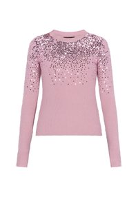 Roze geribde trui met lange mouwen, versierd met pailletten die van de schouders naar beneden taperen, wat een gradient effect creëert. Lang, getailleerd silhouet.
