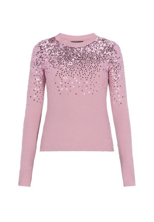 Pull rose à côtes avec manches longues, orné de sequins qui s'estompent des épaules, créant un effet dégradé. Silhouette longue et ajustée.