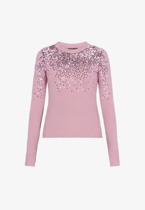 Różowy sweter z prążkowanej tkaniny, z długimi rękawami, ozdobiony cekinami, które stopniowo zanikają od ramion, tworząc gradientowy efekt. Długi, dopasowany krój.