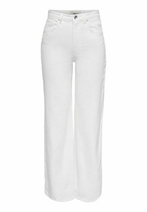 White wide-leg jeans made of denim, featuring a high waist, belt loops, five pockets, and silver-tone button and zipper closure.