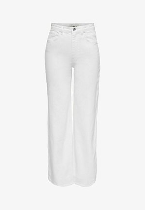 Jean large blanc en denim, doté d'une taille haute, de passants de ceinture, de cinq poches et d'une fermeture à bouton et à glissière en ton argent.