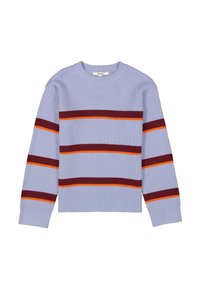 Himmelblauer, gerippter Strickpullover mit langen Ärmeln, der horizontale Streifen in Burgunderrot, Orange und Gelb aufweist. Rundhalsausschnitt.