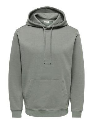 Lysegrå pullover-hoodie med frontkængurulomme, justerbar snøre i hætten og ribbet manchetter og kant.