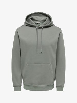 Lysegrå pullover-hoodie med frontkængurulomme, justerbar snøre i hætten og ribbet manchetter og kant.