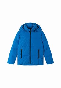 Giacca puffer blu, con cappuccio, chiusura anteriore con zip, due tasche laterali con zip e texture trapuntata. Vestibilità regolabile.