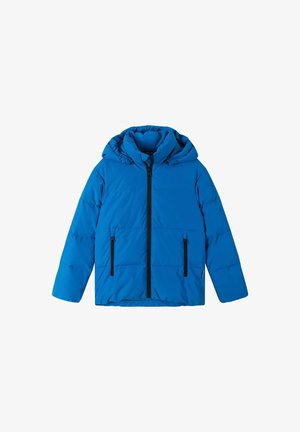 Blauwe pufferjack met capuchon, sluiting met ritssluiting aan de voorkant, twee zijzakken met ritssluiting en een gekartelde textuur. Verstelbare pasvorm.