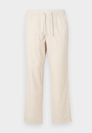 Pantaloni in lino beige con vita elasticizzata e cordoncino. Design a gamba dritta con una texture leggera e un sottile motivo intrecciato.