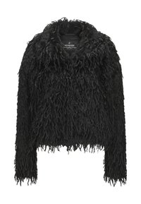 Schwarzer, flauschiger Mantel aus strukturiertem Stoff, mit hohem Kragen und lockerer Passform. Das Design hat ausgefranste Kanten und lange Ärmel.