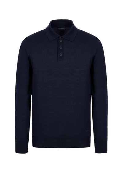 Maglione polo blu navy con colletto a coste, patta con quattro bottoni e maniche lunghe. Realizzato in materiale leggero con una texture liscia.
