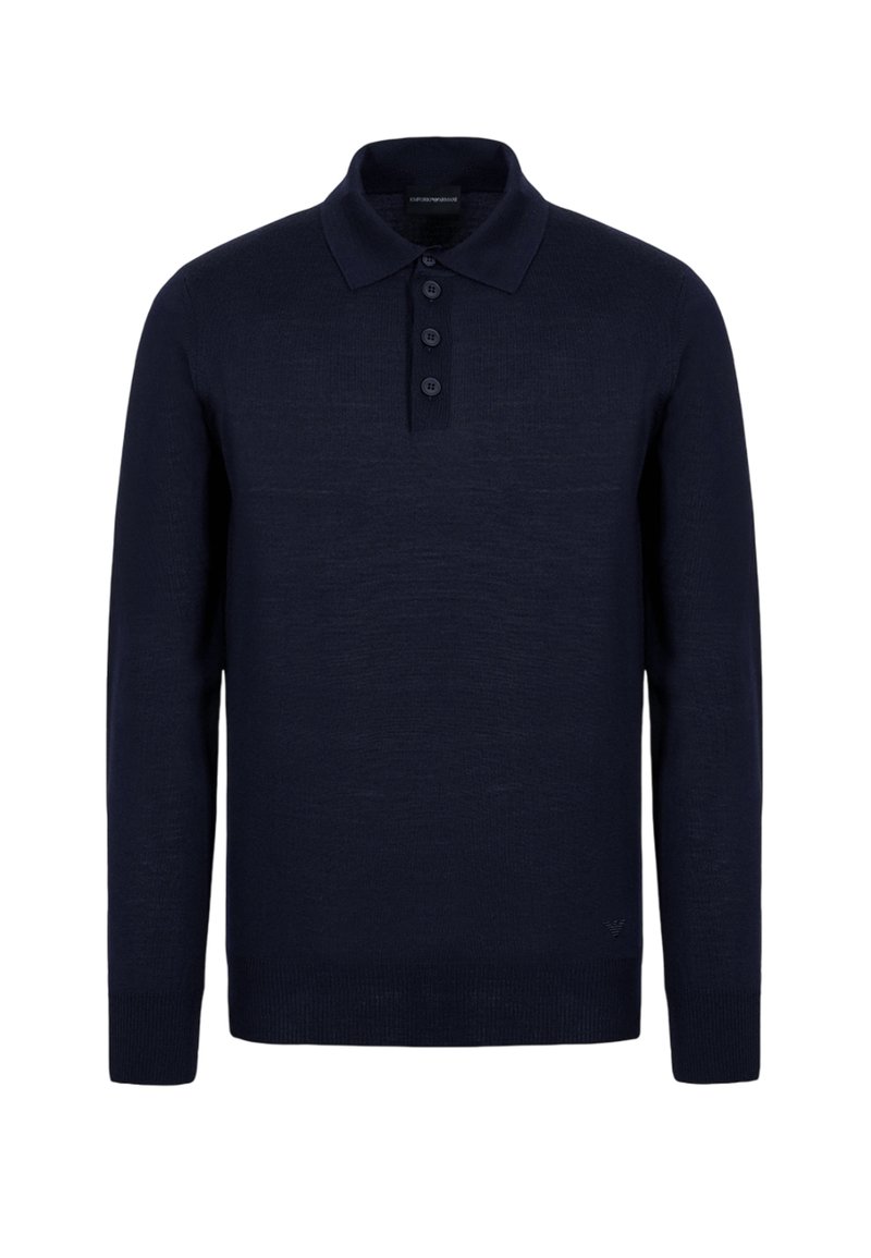 Maglione polo blu navy con colletto a coste, patta con quattro bottoni e maniche lunghe. Realizzato in materiale leggero con una texture liscia.