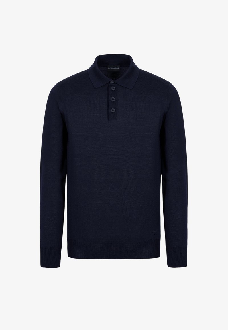 Maglione polo blu navy con colletto a coste, patta con quattro bottoni e maniche lunghe. Realizzato in materiale leggero con una texture liscia.