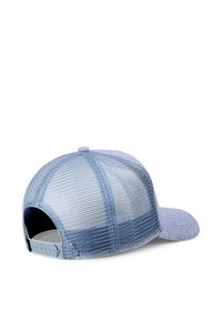 Blue cap featuring a soft fabric front and mesh back, with a curved visor. Adjustable strap at the back for sizing.