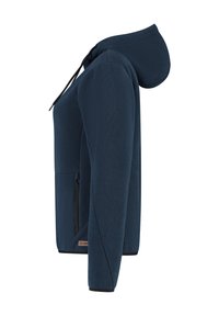 Marineblauwe gestructureerde hoodie met lange mouwen, zwarte ritszak aan de zijkant en verstelbare zwarte koorden.