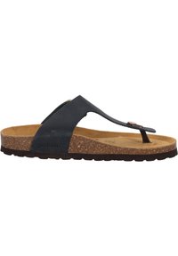 Infradito in pelle nera con soletta in sughero, suola texturizzata e un accento metallico sulla cinghia. Design leggero e slip-on.