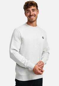 Sudadera gris claro con cuello redondo, puños y dobladillo acanalados. Cuenta con un pequeño logo azul en el pecho. Diseño de corte ajustado.