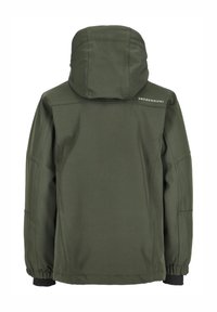 Grön huva jacka gjord av ett slätt, mjukt tyg. Har elastiska ärmslut och en logotyp på övre delen av ryggen, med sidofickor.