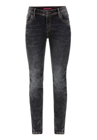 Schmal geschnittene Jeans in dunkelgrauem Denim, mit gelben Nähten, fünf Taschen und einem Knopfverschluss. Glatte Textur mit leichten Abnutzungen.